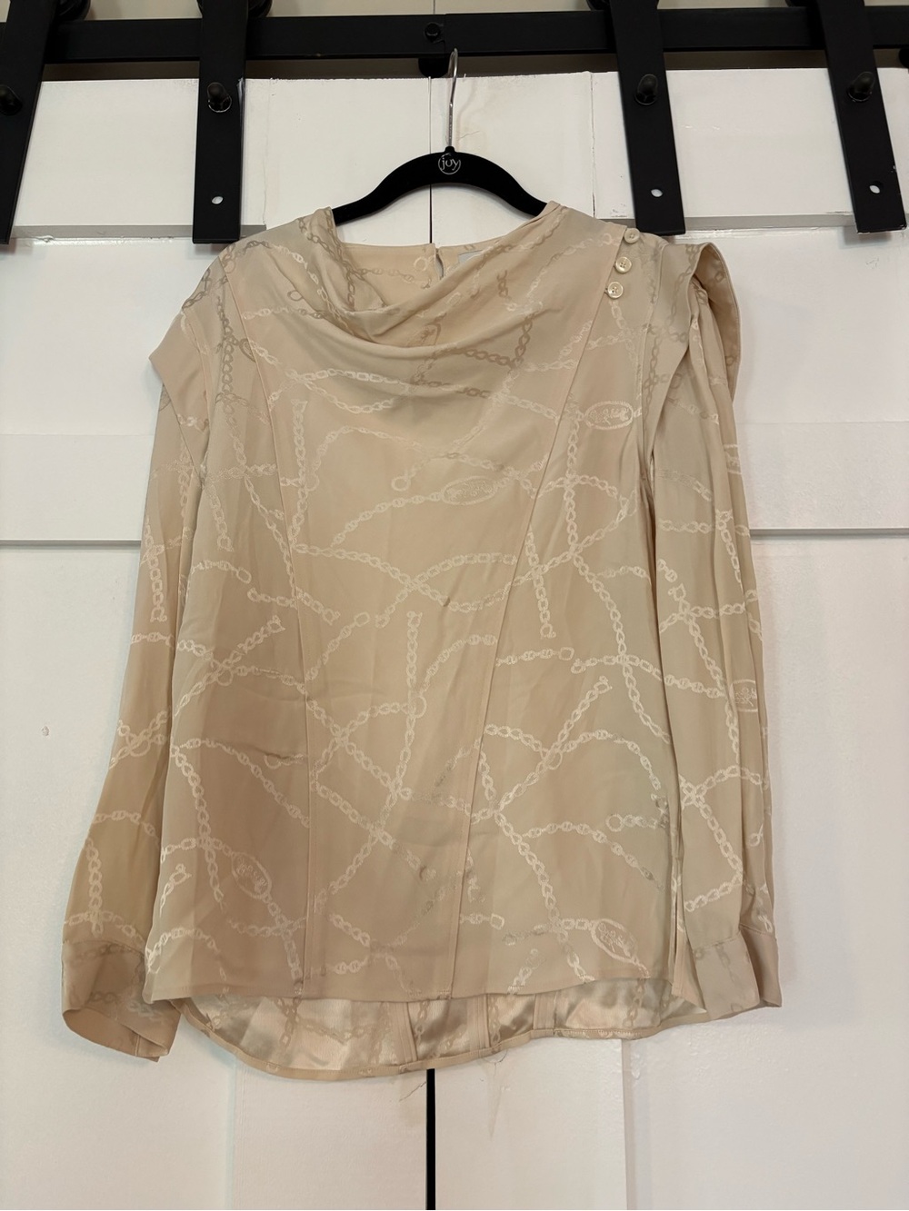 Coach Cream Chain-Print Draped Neck Blouse